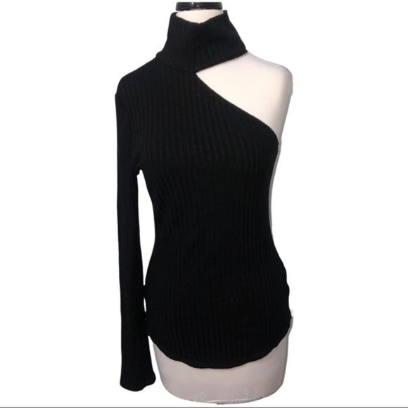 The Range Framed Ribbed Carved One Shoulder Black Turtleneck Top Size L NWT - Picture 3 of 10